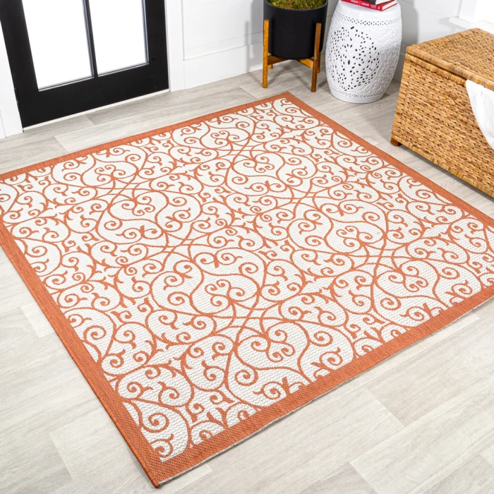 Madrid Vintage Filigree Textured Weave Cream/Orange 5' Square Indoor/Outdoor Area Rug