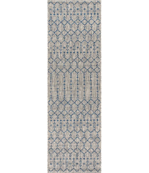 Ourika Moroccan Geometric Textured Weave Light Gray/Navy 2 ft. x 10 ft. Indoor/Outdoor Runner Rug