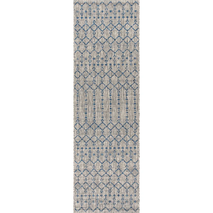 Ourika Moroccan Geometric Textured Weave Light Gray/Navy 2 ft. x 10 ft. Indoor/Outdoor Runner Rug