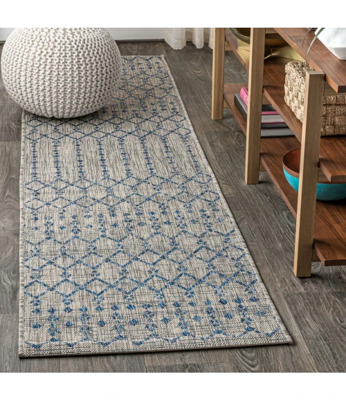 Ourika Moroccan Geometric Textured Weave Light Gray/Navy 2 ft. x 10 ft. Indoor/Outdoor Runner Rug