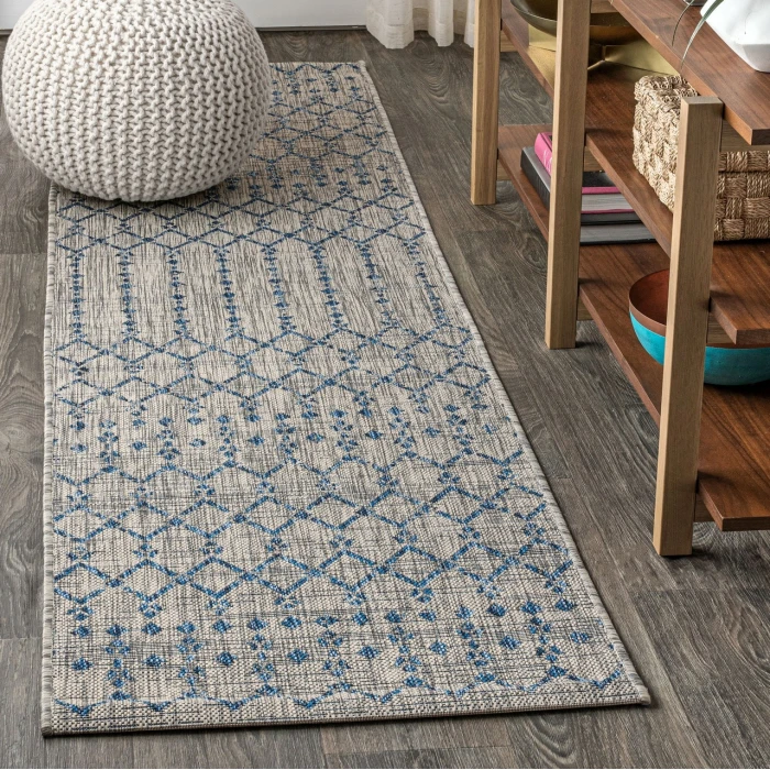 Ourika Moroccan Geometric Textured Weave Light Gray/Navy 2 ft. x 10 ft. Indoor/Outdoor Runner Rug