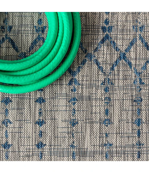 Ourika Moroccan Geometric Textured Weave Light Gray/Navy 9 ft. x 12 ft. Indoor/Outdoor Area Rug