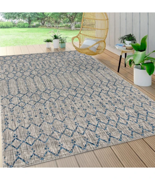 Ourika Moroccan Geometric Textured Weave Light Gray/Navy 9 ft. x 12 ft. Indoor/Outdoor Area Rug