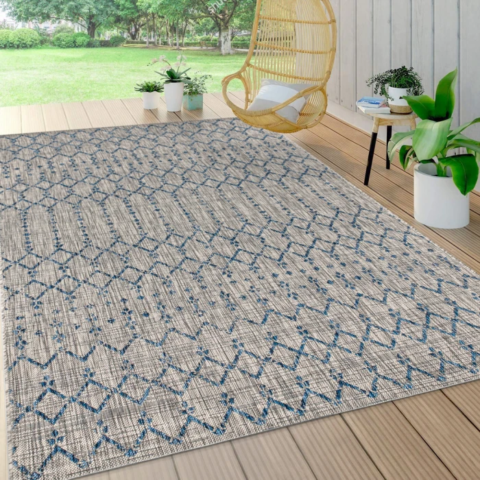 Ourika Moroccan Geometric Textured Weave Light Gray/Navy 9 ft. x 12 ft. Indoor/Outdoor Area Rug