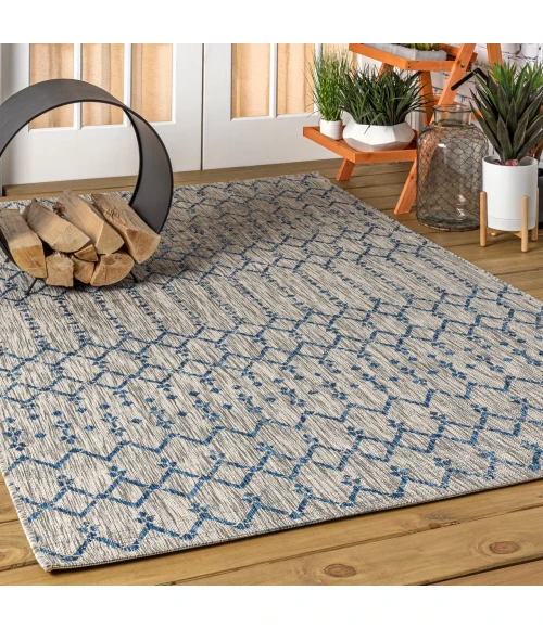 Ourika Moroccan Geometric Textured Weave Light Gray/Navy 9 ft. x 12 ft. Indoor/Outdoor Area Rug