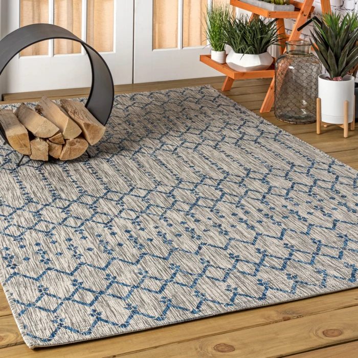 Ourika Moroccan Geometric Textured Weave Light Gray/Navy 9 ft. x 12 ft. Indoor/Outdoor Area Rug
