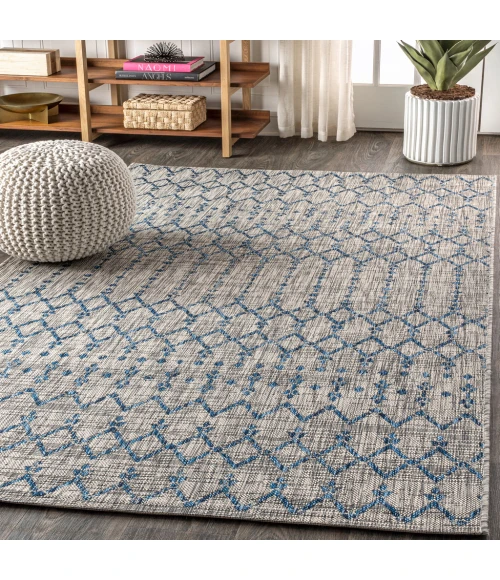 Ourika Moroccan Geometric Textured Weave Light Gray/Navy 9 ft. x 12 ft. Indoor/Outdoor Area Rug