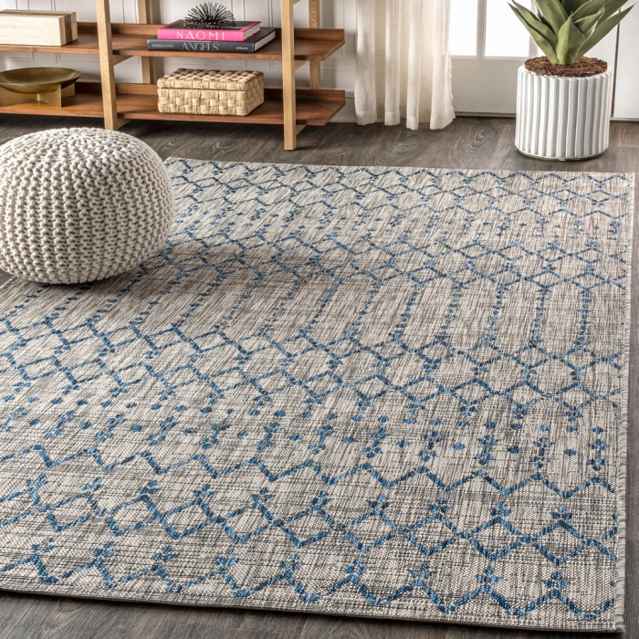 Ourika Moroccan Geometric Textured Weave Light Gray/Navy 9 ft. x 12 ft. Indoor/Outdoor Area Rug