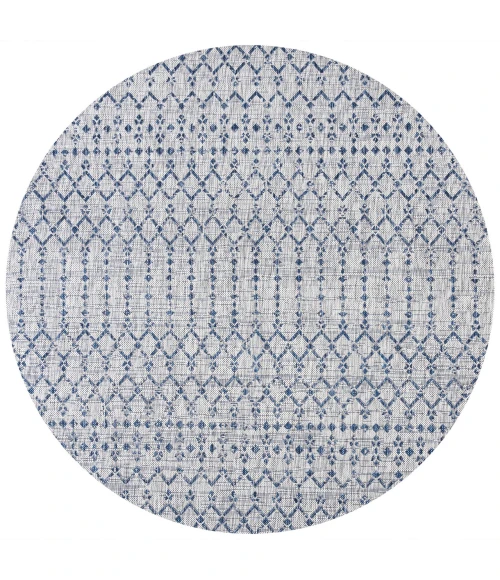 Ourika Moroccan Geometric Textured Weave Light Gray/Navy 5' Round Indoor/Outdoor Area Rug