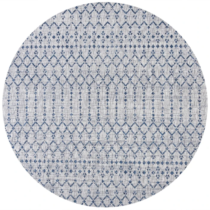 Ourika Moroccan Geometric Textured Weave Light Gray/Navy 5' Round Indoor/Outdoor Area Rug