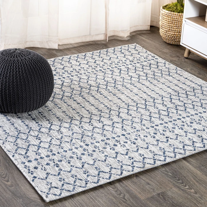 Ourika Moroccan Geometric Textured Weave Light Gray/Navy 5' Square Indoor/Outdoor Area Rug