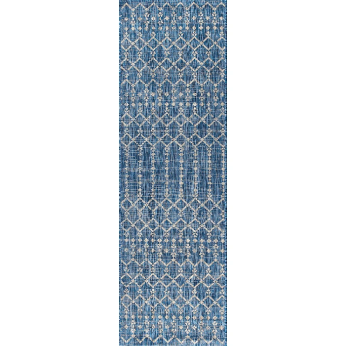 Ourika Moroccan Geometric Textured Weave Navy/Light Gray 2 ft. x 10 ft. Indoor/Outdoor Runner Rug