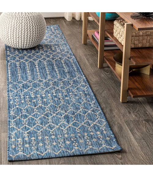 Ourika Moroccan Geometric Textured Weave Navy/Light Gray 2 ft. x 8 ft. Indoor/Outdoor Runner Rug