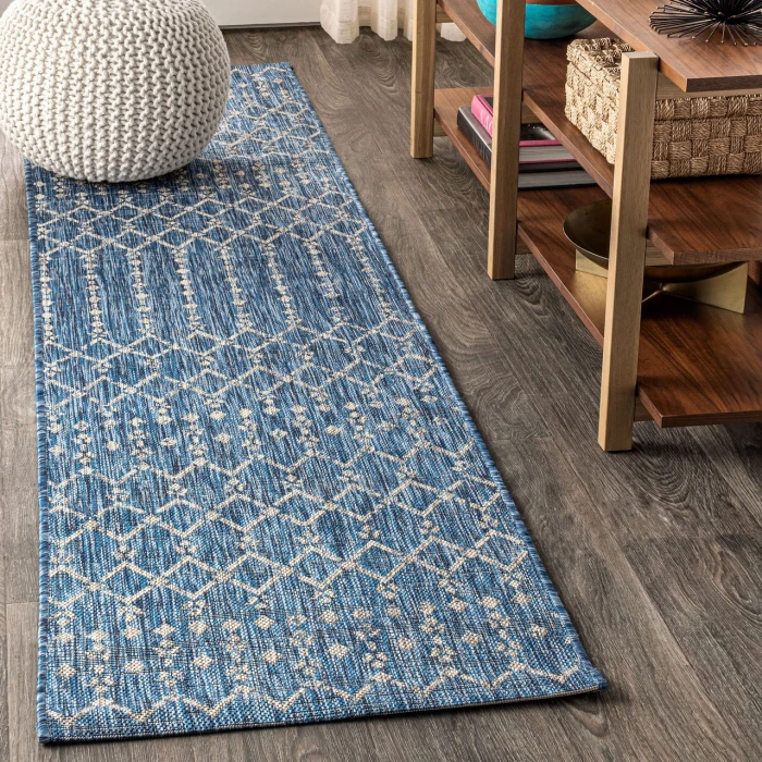 Ourika Moroccan Geometric Textured Weave Navy/Light Gray 2 ft. x 10 ft. Indoor/Outdoor Runner Rug
