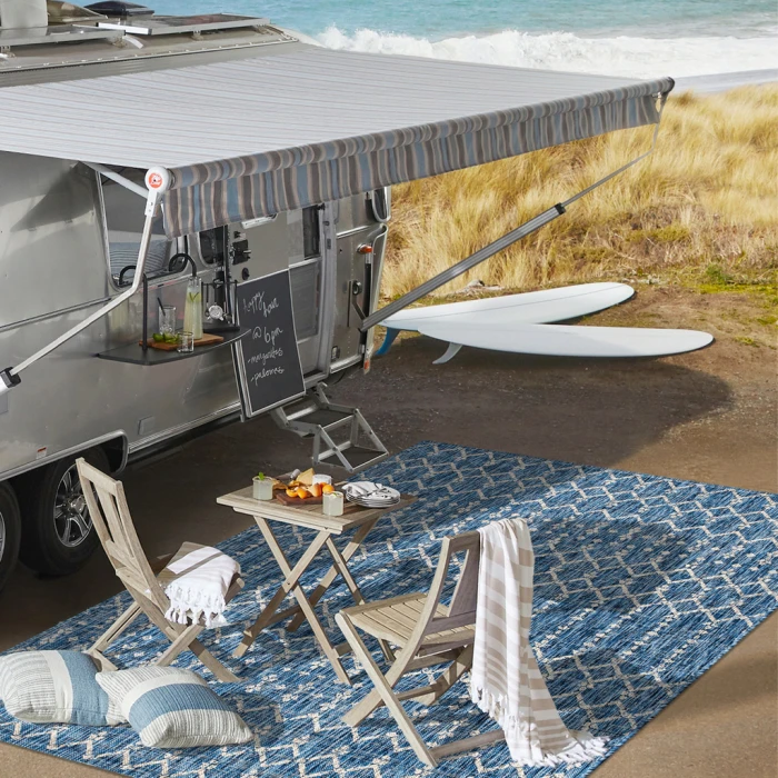 Ourika Moroccan Geometric Textured Weave Navy/Light Gray 2 ft. x 10 ft. Indoor/Outdoor Runner Rug