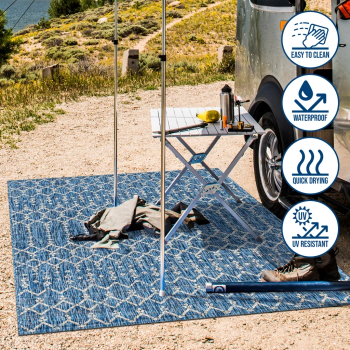 Ourika Moroccan Geometric Textured Weave Navy/Light Gray 2 ft. x 10 ft. Indoor/Outdoor Runner Rug