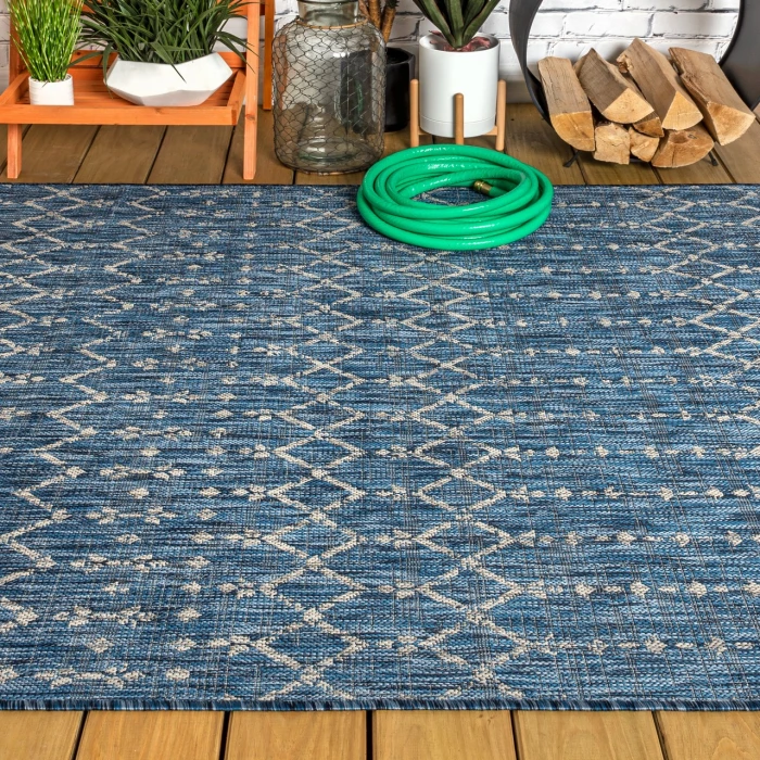 Ourika Moroccan Geometric Textured Weave Navy/Light Gray 9 ft. x 12 ft. Indoor/Outdoor Area Rug