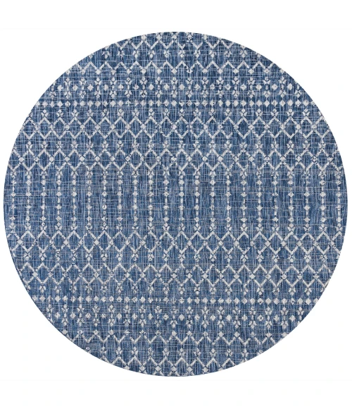 Ourika Moroccan Geometric Textured Weave Navy/Light Gray 5' Round Indoor/Outdoor Area Rug
