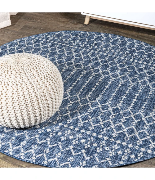 Ourika Moroccan Geometric Textured Weave Navy/Light Gray 5' Round Indoor/Outdoor Area Rug