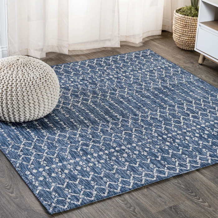 Ourika Moroccan Geometric Textured Weave Navy/Light Gray 5' Square Indoor/Outdoor Area Rug