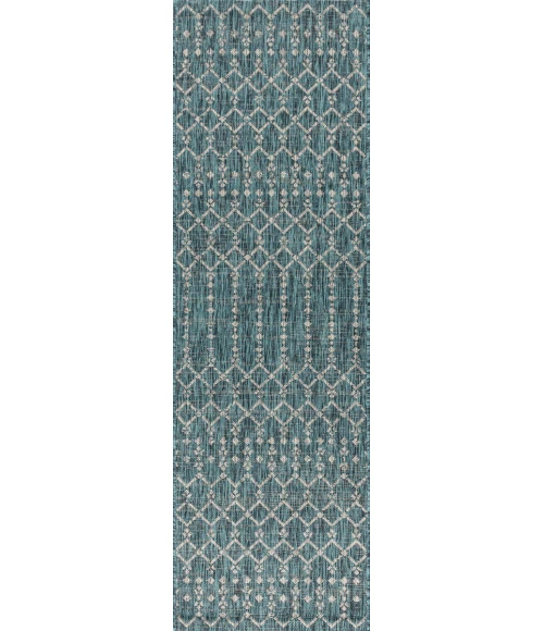Ourika Moroccan Geometric Textured Weave Teal/Gray 2 ft. x 10 ft. Indoor/Outdoor Runner Rug