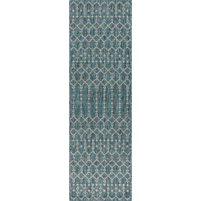 Ourika Moroccan Geometric Textured Weave Teal/Gray 2 ft. x 8 ft. Indoor/Outdoor Runner Rug