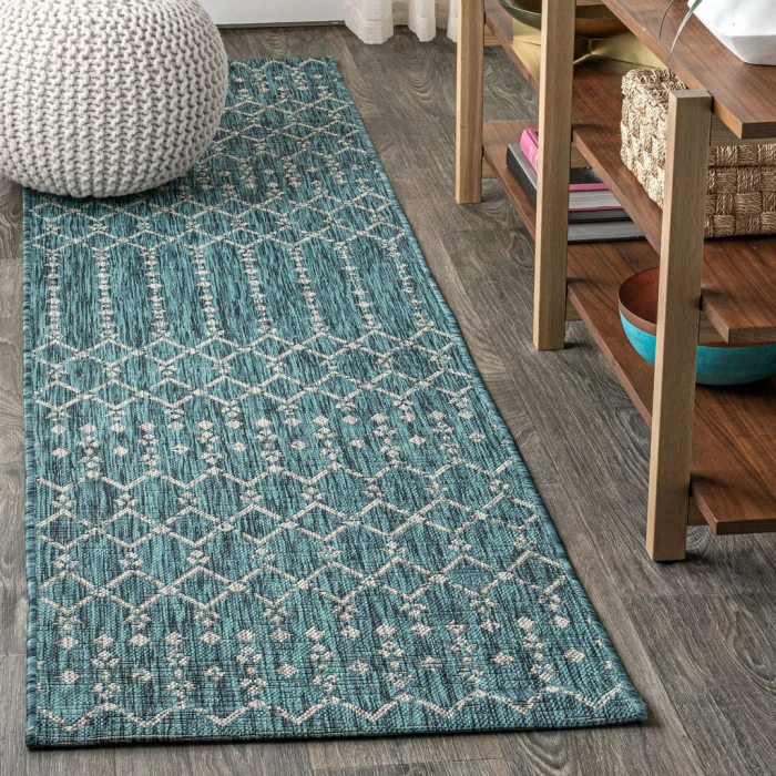 Ourika Moroccan Geometric Textured Weave Teal/Gray 2 ft. x 8 ft. Indoor/Outdoor Runner Rug