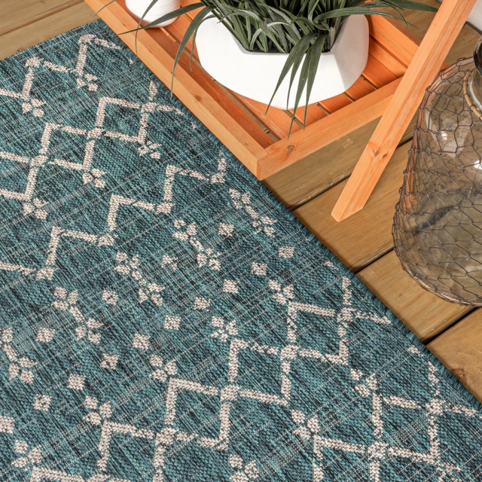 Ourika Moroccan Geometric Textured Weave Teal/Gray 5 ft. x 8 ft. Indoor/Outdoor Area Rug