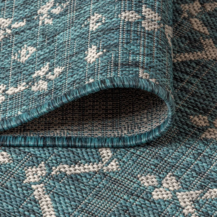 Ourika Moroccan Geometric Textured Weave Teal/Gray 2 ft. x 8 ft. Indoor/Outdoor Runner Rug