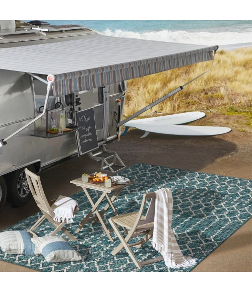 Ourika Moroccan Geometric Textured Weave Teal/Gray 5' Square Indoor/Outdoor Area Rug