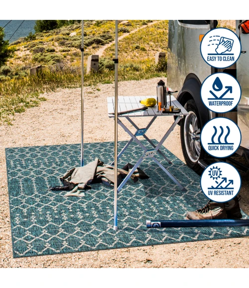 Ourika Moroccan Geometric Textured Weave Teal/Gray 5' Square Indoor/Outdoor Area Rug