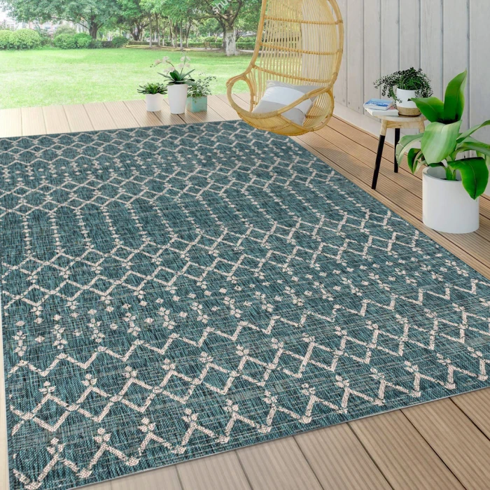Ourika Moroccan Geometric Textured Weave Teal/Gray 5 ft. x 8 ft. Indoor/Outdoor Area Rug