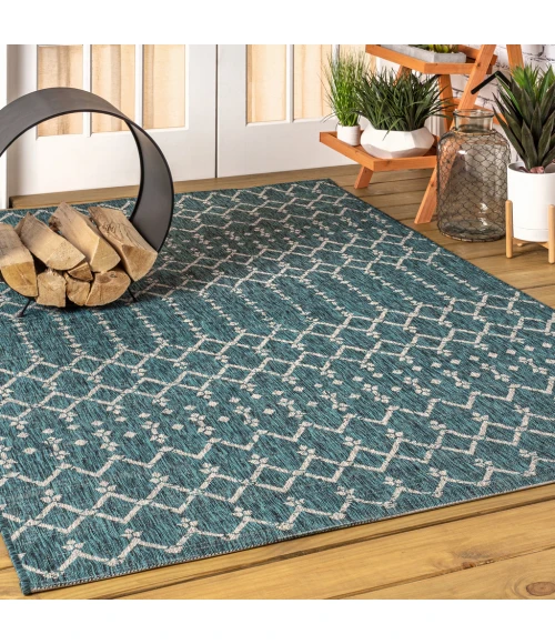 Ourika Moroccan Geometric Textured Weave Teal/Gray 5 ft. x 8 ft. Indoor/Outdoor Area Rug
