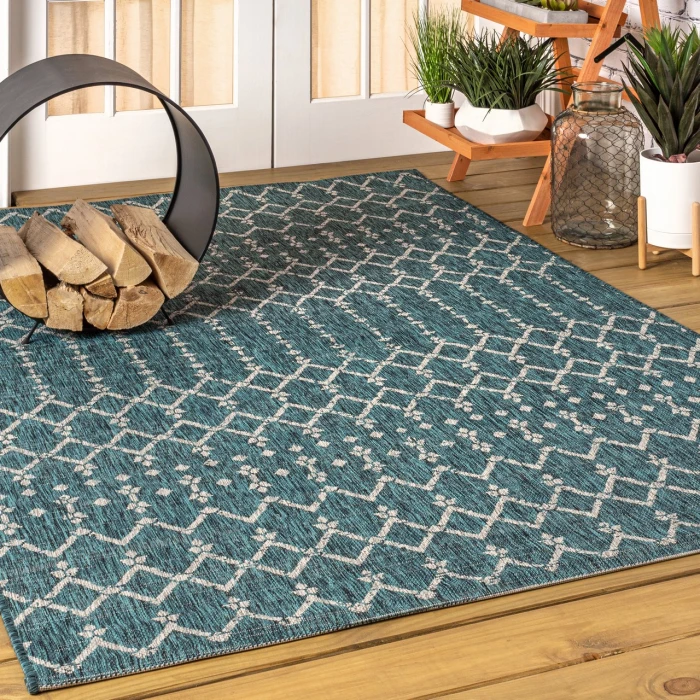 Ourika Moroccan Geometric Textured Weave Teal/Gray 5 ft. x 8 ft. Indoor/Outdoor Area Rug