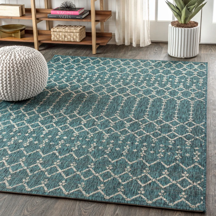 Ourika Moroccan Geometric Textured Weave Teal/Gray 5 ft. x 8 ft. Indoor/Outdoor Area Rug