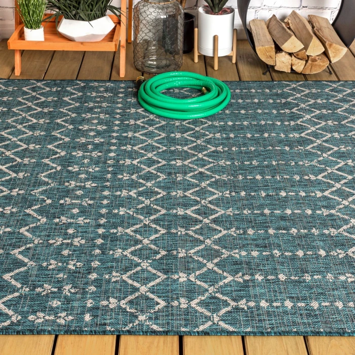 Ourika Moroccan Geometric Textured Weave Teal/Gray 5 ft. x 8 ft. Indoor/Outdoor Area Rug