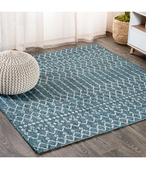 Ourika Moroccan Geometric Textured Weave Teal/Gray 5' Square Indoor/Outdoor Area Rug