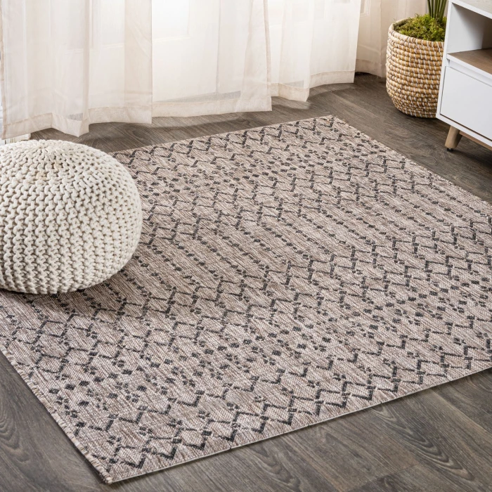 Ourika Moroccan Geometric Textured Weave Natural/Black 5' Square Indoor/Outdoor Area Rug