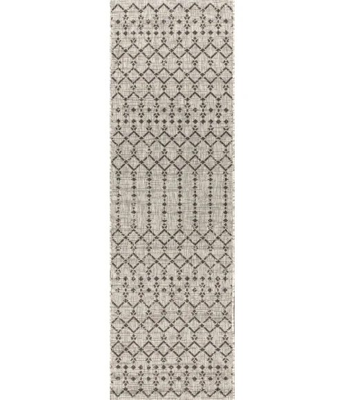 Ourika Moroccan Geometric Textured Weave Light Gray/Black 2 ft. x 8 ft. Indoor/Outdoor Runner Rug