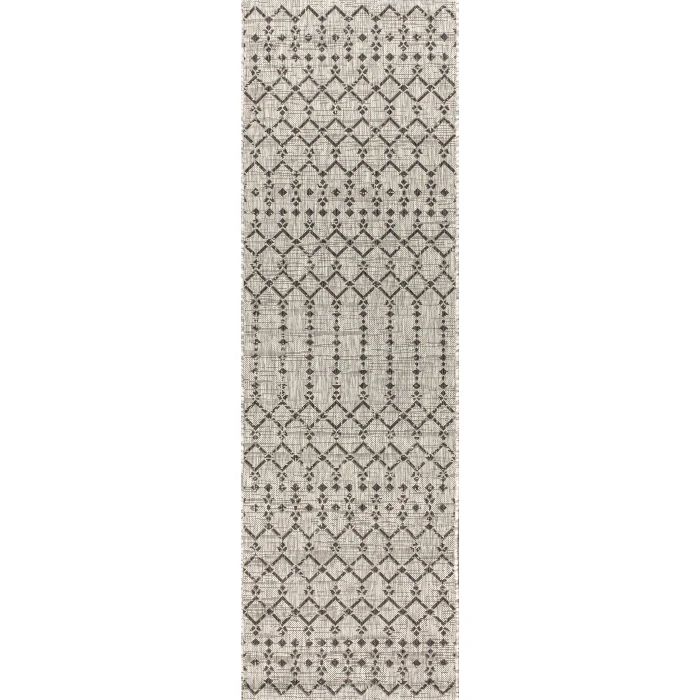 Ourika Moroccan Geometric Textured Weave Light Gray/Black 2 ft. x 8 ft. Indoor/Outdoor Runner Rug