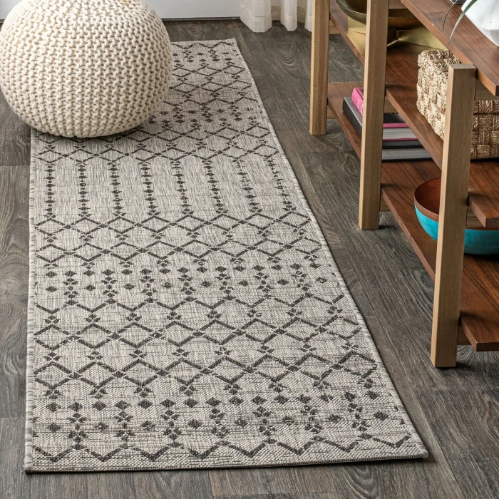 Ourika Moroccan Geometric Textured Weave Light Gray/Black 2 ft. x 8 ft. Indoor/Outdoor Runner Rug