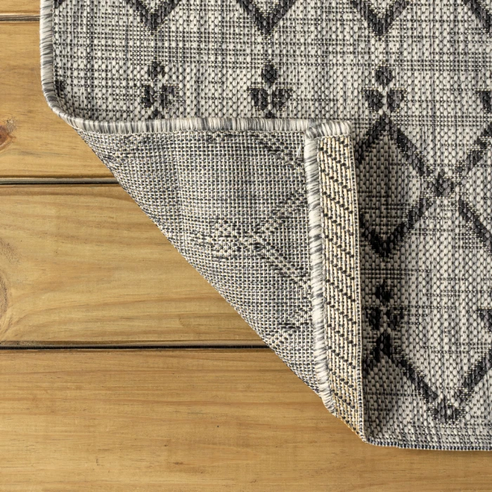 Ourika Moroccan Geometric Textured Weave Light Gray/Black 2 ft. x 8 ft. Indoor/Outdoor Runner Rug