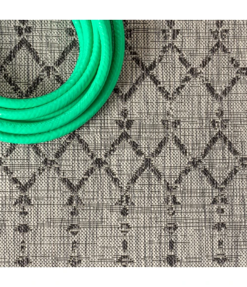 Ourika Moroccan Geometric Textured Weave Light Gray/Black 2 ft. x 8 ft. Indoor/Outdoor Runner Rug