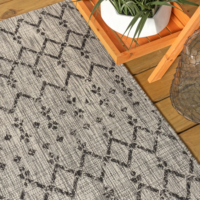 Ourika Moroccan Geometric Textured Weave Light Gray/Black 2 ft. x 8 ft. Indoor/Outdoor Runner Rug