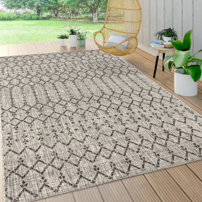 Ourika Moroccan Geometric Textured Weave Light Gray/Black 8 ft. x 10 ft. Indoor/Outdoor Area Rug