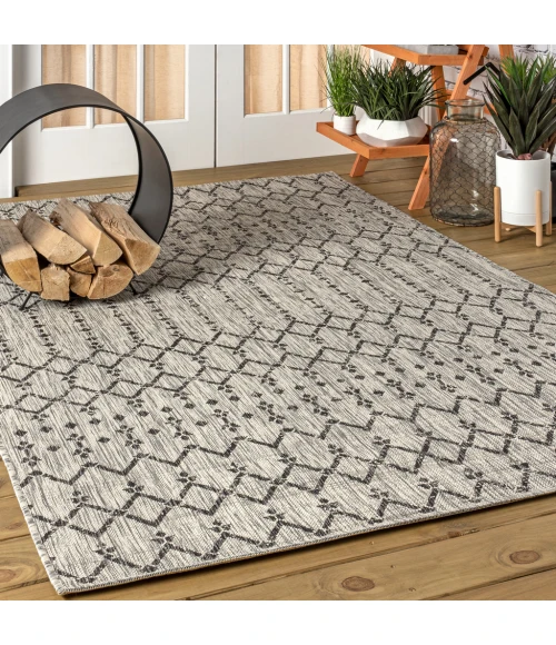 Ourika Moroccan Geometric Textured Weave Light Gray/Black 3 ft. x 5 ft. Indoor/Outdoor Area Rug