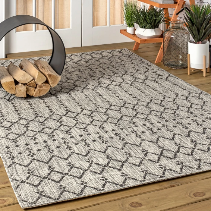 Ourika Moroccan Geometric Textured Weave Light Gray/Black 8 ft. x 10 ft. Indoor/Outdoor Area Rug