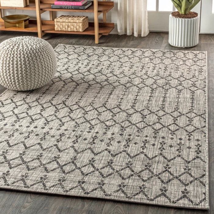 Ourika Moroccan Geometric Textured Weave Light Gray/Black 8 ft. x 10 ft. Indoor/Outdoor Area Rug