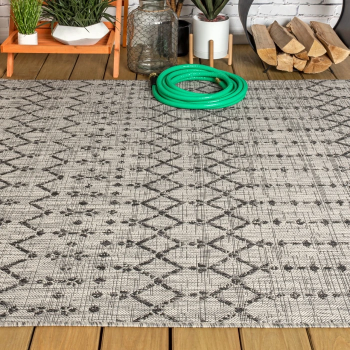 Ourika Moroccan Geometric Textured Weave Light Gray/Black 8 ft. x 10 ft. Indoor/Outdoor Area Rug