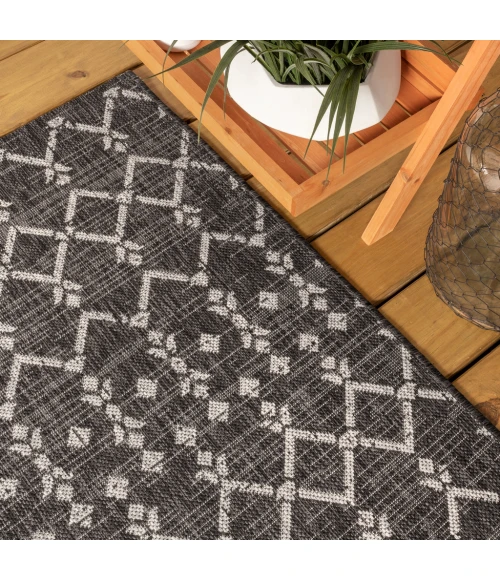 Ourika Moroccan Geometric Textured Weave Black/Gray 2 ft. x 10 ft. Indoor/Outdoor Runner Rug